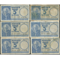 -1- Lott 6 stk. 5 kr. 1955A-1957D, VK - 1955A (litt lavt nummer 0019935), 1955B, 1955C, 1956C, 1956D & 1957D

Kv. 1- til 1/1-, noen bretterifter observert. / Numisma Mynthandel A/S: kr.  80,-