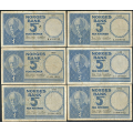 -2- Lott 6 stk. 5 kr. 1955A-1957D, VK - 1955A, 1955B, 1955C, 1956C, 1956D & 1957D

Kv. 1- til 1/1- / Numisma Mynthandel A/S: kr.  76,-