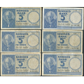 -5- Lott 6 stk. 5 kr. 1955A-1957F, VK - 1955A (1 cm rift oppe), 1955B, 1956C, 1956D, 1957E & 1957F

Kv. 1- til 1/1- / Numisma Mynthandel A/S: kr.  66,-