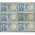 -7- Lott 6 stk. 5 kr. 1955B-1960G, VK - 1955B, 1957E, 1957F, 1959F, 1959G & 1960G

Kv. 1- til 1 / Numisma Mynthandel A/S: kr.  75,-