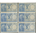 -8- Lott 6 stk. 5 kr. 1955B-1960G, VK - 1955B (5 mm rift oppe), 1957E, 1957F, 1959F, 1959G & 1960G

Kv. 1- til 1/1- / Numisma Mynthandel A/S: kr.  89,-