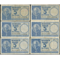 -9- Lott 6 stk. 5 kr. 1957E-1960H, VK - 1957E, 1957F, 1959F, 1959G, 1960G & 1960H

Kv. 1- til 1 / Numisma Mynthandel A/S: kr.  66,-