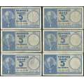 -10- Lott 6 stk. 5 kr. 1957E-1960H, VK - 1957E, 1957F, 1959F, 1959G, 1960G & 1960H

Kv. 1- til 1/1- / Numisma Mynthandel A/S: kr.  73,-