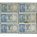 -11- Lott 6 stk. 5 kr. 1957E-1961I, VK - 1957E, 1957F, 1959F (stor flekk), 1960G, 1960H & 1961I

Kv. 1- til 1 / Numisma Mynthandel A/S: kr.  69,-