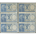-12- Lott 6 stk. 5 kr. 1957E-1962J, VK - 1957E, 1959F, 1960G, 1960H, 1961I & 1961J

Kv. 1- til 1/1- / Numisma Mynthandel A/S: kr.  69,-
