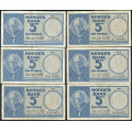 -19- Lott 6 stk. 5 kr. 1961I-1963K, VK - 1961I, 2x 1962J, 2x 1962K & 1963K

Kv. 1/1-, noen smrifter obs. / Numisma Mynthandel A/S: kr.  76,-