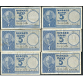 -20- Lott 6 stk. 5 kr. 1961I-1963K, VK - 1961I, 2x 1962J, 2x 1962K & 
1963K(rifter)

Kv. 1/1- til 1 / Numisma Mynthandel A/S: kr.  68,-