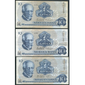 -60- Lott 3 stk. 10 kroner 1976Q, erst, VK - Erstatningssedler. QB, QD, QH

Kv. 1- til 1/1- / Numisma Mynthandel A/S: kr.  44,-