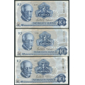 -65- Lott 3 stk. 10 kroner 1976Q, erst, VK - Erstatningssedler. QW, QX, Q

Kv. 1/1- til 1- / Numisma Mynthandel A/S: kr.  47,-