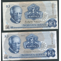 -8- Lott  2 stk. 10 kr. 1975QN & -73QV, erst, VK - Erstatningssedler. 

Kv. God 1 & 1+ / Numisma Mynthandel A/S: kr.  91,-