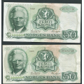 -33- Lott 2 stk. 50 kr. 1980 Z-0, erst, VK - Presset. Erstatningssedler.

Kv. 1 til 1/1+. / Numisma Mynthandel A/S: kr.  201,-