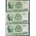 -58- Lott 3 stk. 50 kr. 1971X, erst, VK - Presset. Erstatningssedler. S-seddel.

Kv. 1-, 1- & kv. 1, graffiti + 5 mm rift nede. / Numisma Mynthandel A/S: kr.  251,-