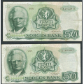 -59- Lott 2 stk. 50 kr. 1971X, erst, VK - Presset. Erstatningssedler. S-seddel.

Kv. 1- og 1/1-, liten rift nede. / Numisma Mynthandel A/S: kr.  251,-
