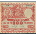 -4- 100 kroner 1954D, kv. 1-, stiftehull, fl. rev. - Litt lavt nummer. / Numisma Mynthandel A/S: kr.  105,-