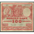 -5- 100 kroner 1954D, kv. 1-, rift hyre side - Lite brettehull. / Numisma Mynthandel A/S: kr.  103,-