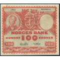 -13- 100 kroner 1952B, kv. 1/1+, blekkstreker, rev. / Numisma Mynthandel A/S: kr.  105,-