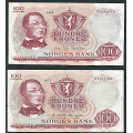 -13- Lott 2 stk. 100 kr. 1969Z &1977Z, erst, 1-million, VK - 1969Z og 1977Z

Hhv. kv. 1, og 1 liten rift nede. / Numisma Mynthandel A/S: kr.  3,-