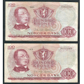 -4- Lott 2 stk. 100 kr. 1965Z & 1966Z, 1- (0-mill) - Erstatningssedler.
1965Z Brofoss Petersen, kv. 1- 
1966Z kv, 1- / Numisma Mynthandel A/S: kr.  210,-