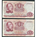 -6- Lott 2 stk. 100 kr. 1964Z & 1966Z, VK (0-mill) - Erstatningssedler.

Kv. 1- og 1/1- / Numisma Mynthandel A/S: kr.  61,-