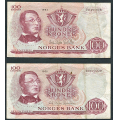 -7- Lott 2 stk. 100 kr. 1964Z & 1966Z, VK (0-mill) - Erstatningssedler.

Kv. 1/1- og 1-, flekk. / Numisma Mynthandel A/S: kr.  199,-