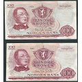 -12- Lott 2 stk. 100 kr. 1962Z & 1963Z, VK (0-mill) - Erstatningssedler.

Kv. 1-, smrifter og 1/1- / Numisma Mynthandel A/S: kr.  105,-