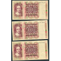 -22- Lott 3 stk. 100 kr. 1980H, VK - Erstatningssedler. 1980 2x HE & 1xHD

Kv. 1/1- til 1 / Numisma Mynthandel A/S: kr.  302,-