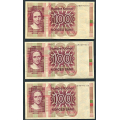 -1- Lott 3 stk. 100 kr. 1977Q, VK - QD, QF & QN. Brunt rstall og seddelnummer.

Kv. 1 til 1/1+ / Numisma Mynthandel A/S: kr.  103,-