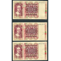 -5- Lott 3 stk. 100 kr. 1977Q, VK - QE, QG & QK. Svart rstall og seddelnummer.

Kv. 1/1- til 1/1+ / Numisma Mynthandel A/S: kr.  1,-