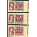 -9- Lott 3 stk. 100 kr. 1977Q, VK - QD, QE & QF. Brunt rstall og seddelnummer.

Kv. 1 til 1/1+ / Numisma Mynthandel A/S: kr.  1,-