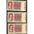 -13- Lott 3 stk. 100 kr. 1977Q, VK - QA, QB & QC. Svart rstall og seddelnummer.

Kv. 1 til 1/1+ / Numisma Mynthandel A/S: kr.  140,-