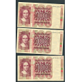 -14- Lott 3 stk. 100 kr. 1977Q, VK - QD, QE & QF. Svart rstall og seddelnummer.

Kv. 1 til 1/1+ / Numisma Mynthandel A/S: kr.  201,-