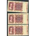 -15- Lott 3 stk. 100 kr. 1977Q, VK - QG, QH & QI. Svart rstall og seddelnummer.

Kv. 1 til 1/1+ / Numisma Mynthandel A/S: kr.  2,-