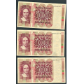 -16- Lott 3 stk. 100 kr. 1977Q, VK - QJ (brunt rstall + seddelnumer), QK & QL. Svart rstall og seddelnummer.

Kv. 1/1- til 1/1+ / Numisma Mynthandel A/S: kr.  1,-