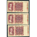 -18- Lott 3 stk. 100 kr. 1977Q, VK - QP, QR & QS. Svart rstall og seddelnummer.

Kv. 1/1- til 1/1+ / Numisma Mynthandel A/S: kr.  1,-