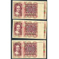 -22- Lott 3 stk. 100 kr. 1977H, VK - HM, HN & HO. 

Kv. 1 til 1/1+ / Numisma Mynthandel A/S: kr.  1,-