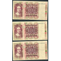 -24- Lott 3 stk. 100 kr. 1979H, VK - HA, HB & HC. 

Kv. 1 til 1/1+ / Numisma Mynthandel A/S: kr.  79,-