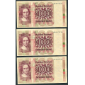 -28- Lott 3 stk. 100 kr. 1979H, VK - HP, HR & HS. 

Kv. 1/1- til 1/1+ / Numisma Mynthandel A/S: kr.  210,-