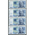 -1- Lott 4 stk. 200 kroner 1994, VK - Brukt kvalitet: 1/1- til 1+ / Numisma Mynthandel A/S: kr.  111,-