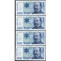-3- Lott 4 stk. 200 kroner 1999, VK - Brukt kvalitet: 1+ til 01. To i nummerrekkeflge. / Numisma Mynthandel A/S: kr.  111,-