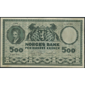 -13- 500 kroner 1954A, kv. 1/1-, liten bretterift oppe vs. / Numisma Mynthandel A/S: kr.  273,-
