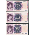 -14- Lott 4 stk. 1000 kroner 1990-VI, i rekkeflge, VK - Kv. 1+/01 og 01.I rekkeflge: 1203973486-88 & -90 / Numisma Mynthandel A/S: kr.  3859,-