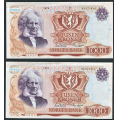 -19- Lott 2 stk. 1000 kr. 1978X, erstatn, i rekkef, kv. 1+ - 2 stk. erstatningssedler i nummerrekkeflge: 0577410-11 / Numisma Mynthandel A/S: kr.  117,-
