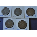 5 kr. 1976-77-78-79 -  1982 - Bilde er myntene.. Fra en myntsamling. Usirkulerte mynter. IKKE SALR. / Tore Rimstad: NOK  40,-