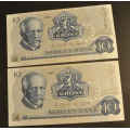 10 kr. 1981 BM  Kv. 0 ** Nr. rekkeflge*Katv. kr. 90* - Bilder er sedlene. Pris KJP N er en (1) sedell. Ved kjp av flere er de i nr. rekkeflge. IKKE SALR. Kun 1 igjen - de andre er solgt. / Tore Rimstad: NOK  40,-