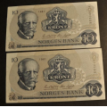 10 kr. 1981 BR  Kv. 0 ** Nr. rekkeflge*Katv. kr. 90* - Bilder er sedlene. Pris KJP N er en 1 sedel. Ved kjp av flere er de i nr. rekkeflge. IKKE SALR. Kun 1 igjen - de andre er sogt / Tore Rimstad: NOK  39,-