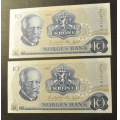 10 kr. 1982 C W * Kv. 0. Nr. rekkeflge. Katv. kr. 80 - Bilder er sedlene. Kv.0. Pris KJP N er 1 (en) sedell. Ved kjp av flere er de i nr. rekkeflge. IKKE SALR. / Tore Rimstad: NOK  45,-