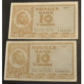 10 kr. 1957 J og 1959 R * Begge kv.1 * Katv. kr.200 * - Bilder er sedlene du fr. Vurder fra bilder. IKKE SALR. / Tore Rimstad: NOK  60,-