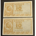 10 kr. 1961 U og V * Begge  god kv. 1+*Katv. kr.190 - Bilder er sedlene du fr. 1961 U er vel kv.01 ?. Vurder fra bilder. IKKE SALR. / Tore Rimstad: NOK  70,-