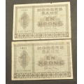 1 kr. 1941 B og 1945 i ** VK. Estimat katv. kr.450 - Bilder er sedlene du fr.  1941 B kv.1 og 1945 B kv. 1 -. Vurder ogs fra bilder. IKKE SAR / Tore Rimstad: NOK  150,-