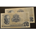 10 kr. 1982 C U * Kv. 0 * Nr. rekkeflge. Katv. kr.80 - Bilder er sedlene. Kv.0. Pris KJP N er en (1) sedell. Ved kjp av flere er de i nr. rekkeflge.Kun 1 igjen. De andre er solgt. / Tore Rimstad: NOK  35,-